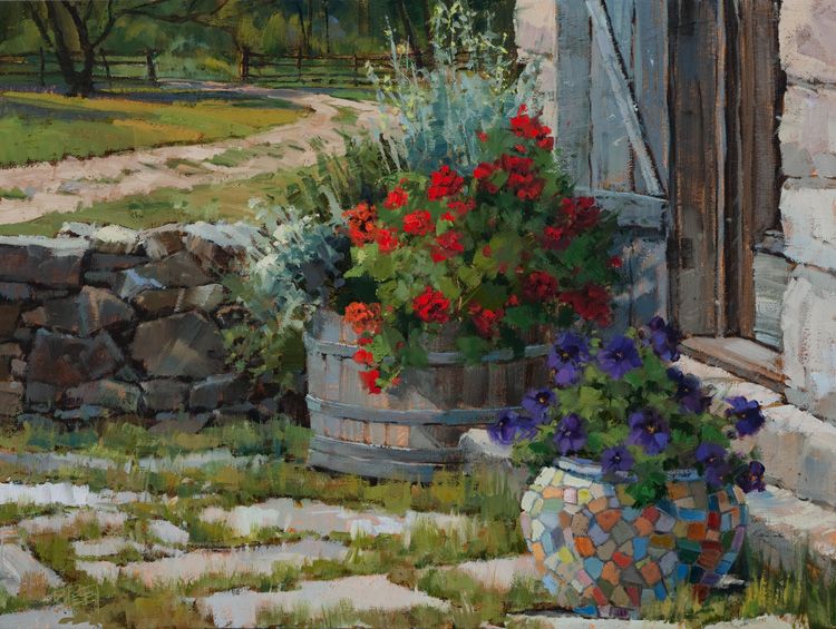 Geraniums, Petunias and Mosaic-Texas Hill Country  12 x 16 Oil